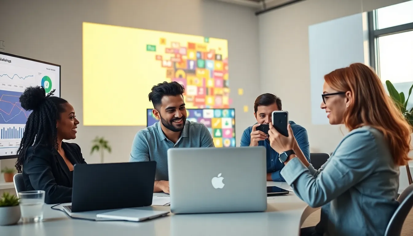 diverse influencers collaborating in a modern workspace.