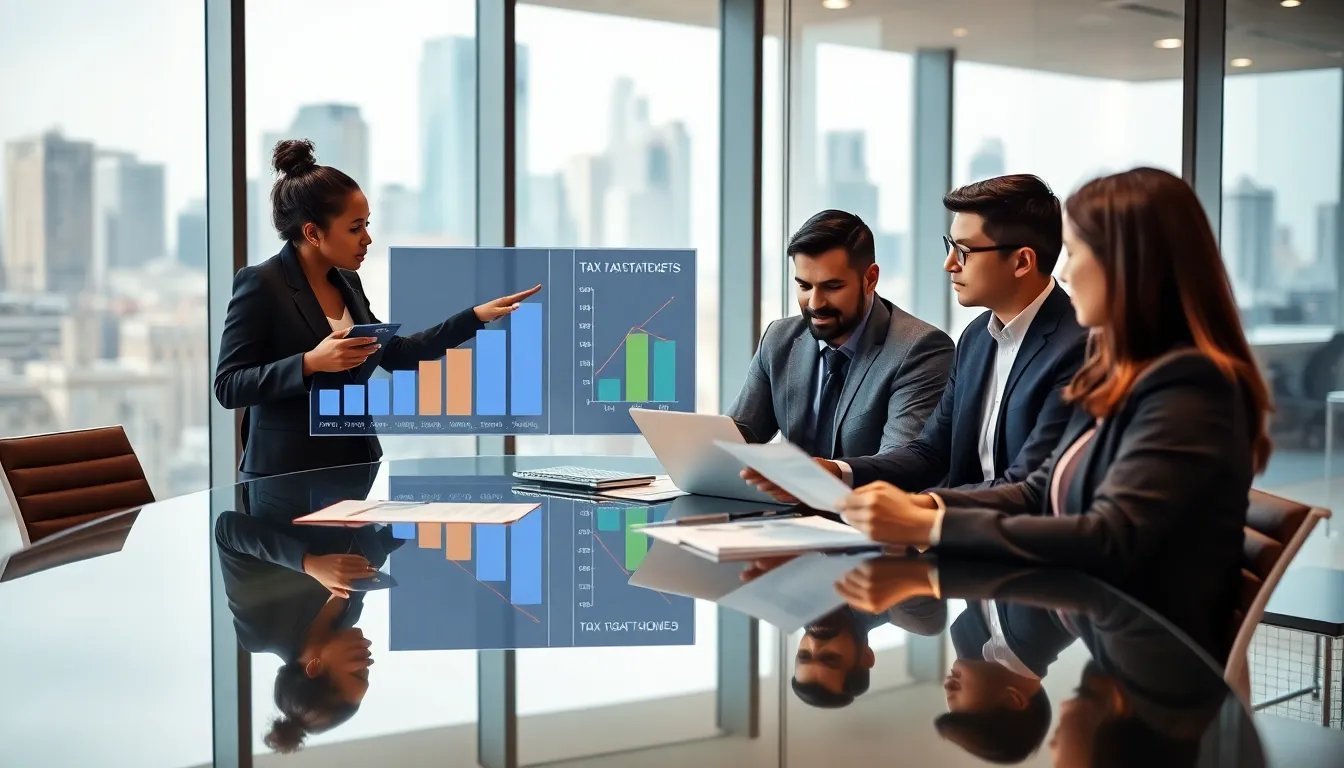 diverse team discussing tax saving strategies in a modern office.