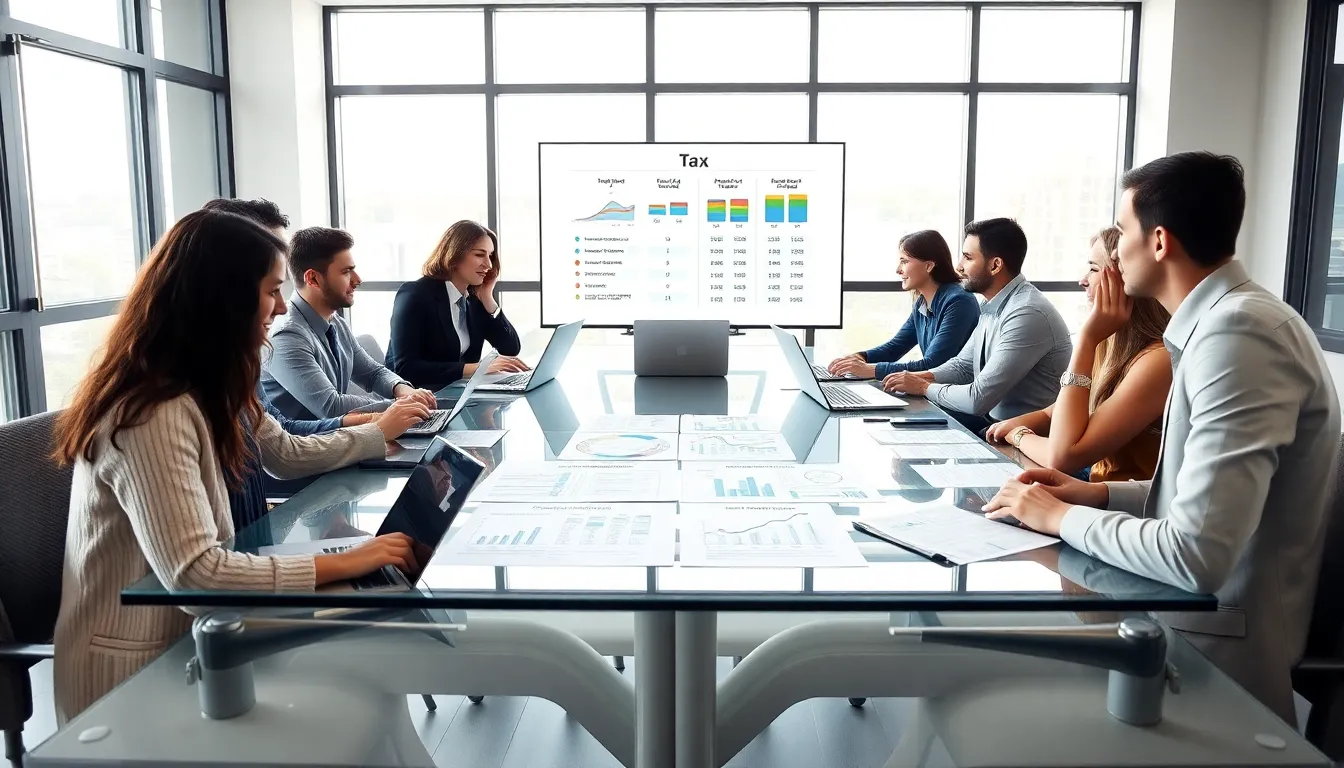 team discussing tax strategies in a modern office.