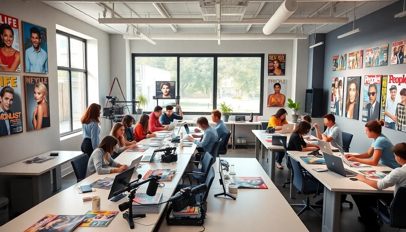diverse team collaborating in a modern office with pop culture magazines.