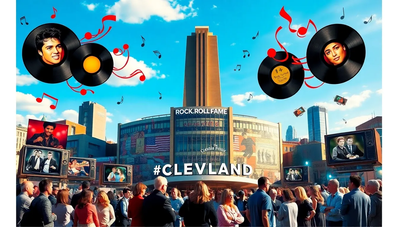 collage representing Cleveland's pop culture history with music and television elements.