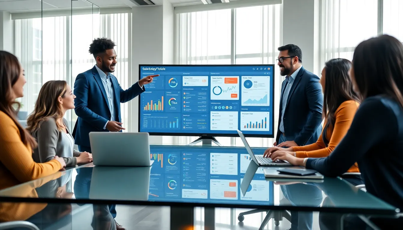 diverse sales team discussing digital sales tools in a modern office.
